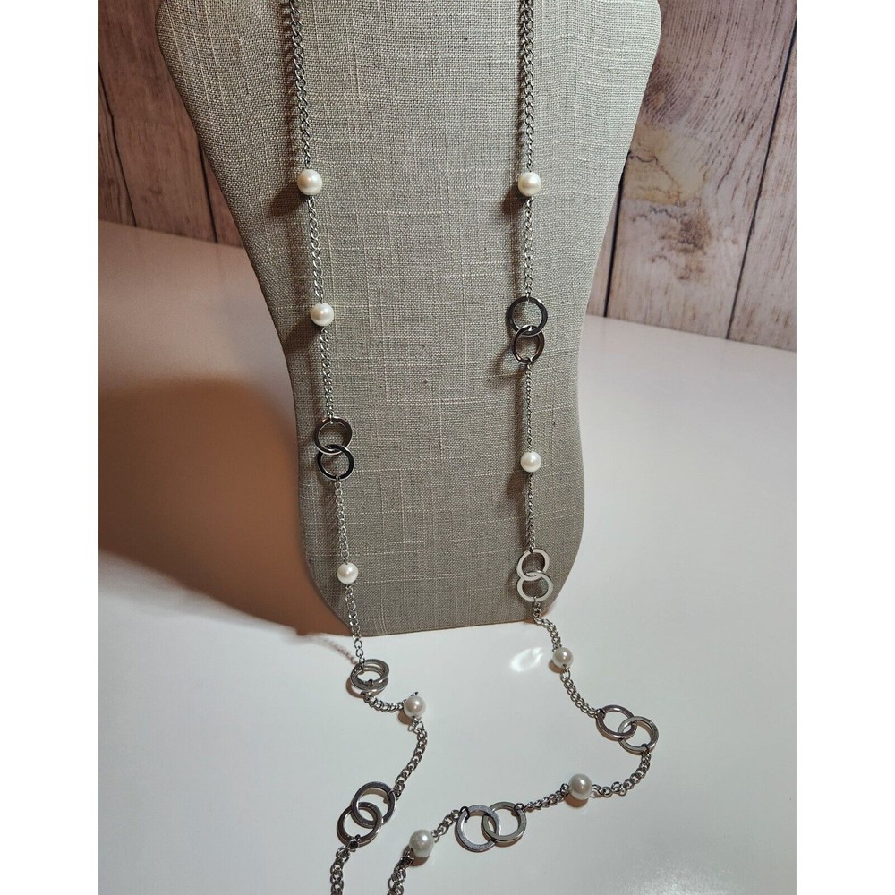 lia sophia PEARL DEL MAR long silver statement 54" necklace faux pearls & rings